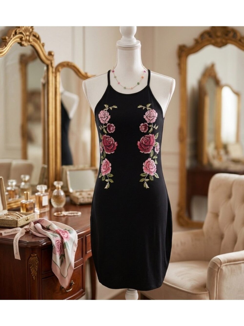 Derek heart Dress With Pink Rose size L Embroidery Womens Floral Mini Dress